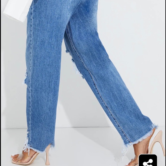 Size 12 Pretty Little Thing Mid Blue Wash Extreme Ripped Hem Boyfriend Jeans - Picture 2 of 9